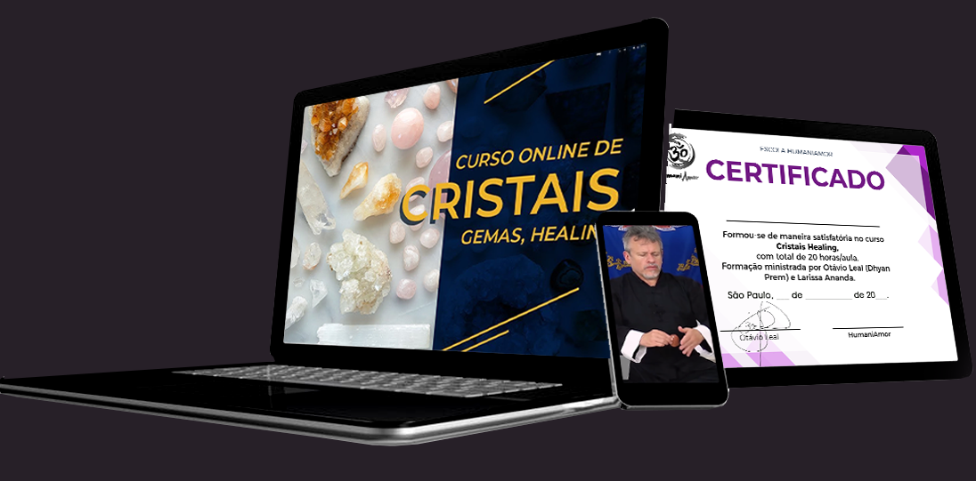 Capa do curso online de Cristais e Gemas da Escola Humani Amor com Otávio Leal e Larissa Ananda